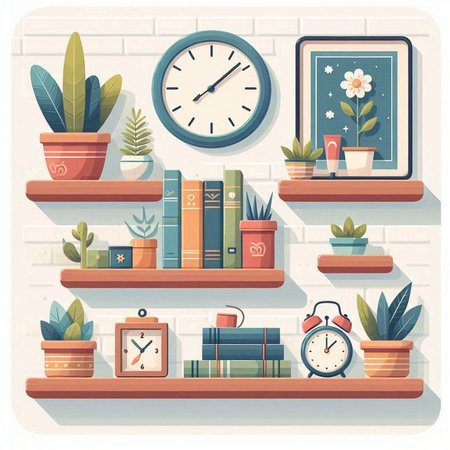 Flat design style bookshelves with books, clock and plants. Vector illustration.のイラスト素材