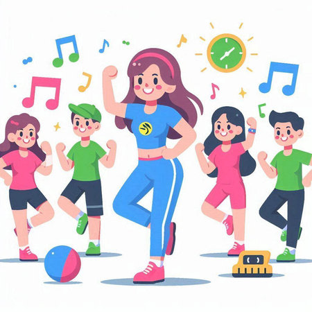 Group of happy children in sportswear jumping and dancing. Vector illustration.のイラスト素材