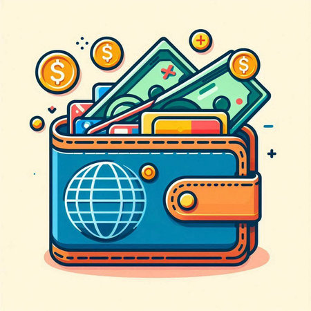 Wallet with money and credit cards. Vector illustration in cartoon style.のイラスト素材
