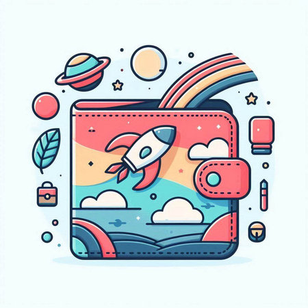 Vector illustration of a girl's purse with a rocket and planets.のイラスト素材