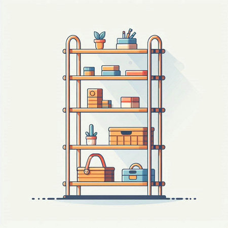 Shelves with books and accessories. Vector illustration in flat styleのイラスト素材