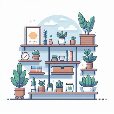Vector illustration of a shelf with plants. Flat line art style.のイラスト素材