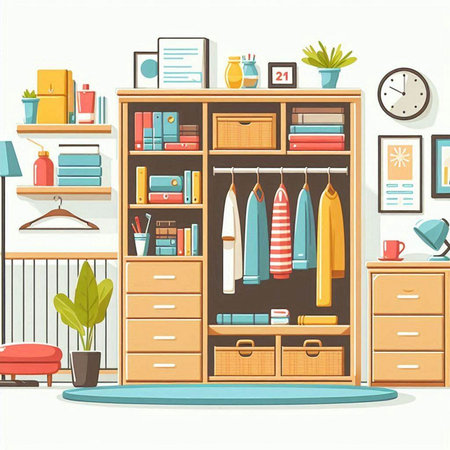Vector illustration of a room interior with a closet, bookshelf, furniture and accessoriesのイラスト素材