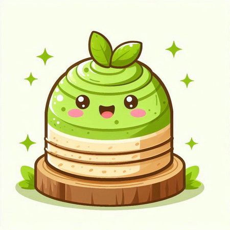 Cute green tea macaroon on wooden stand. Vector illustrationのイラスト素材