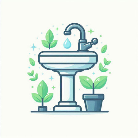 Vector illustration of a washbasin with a water tap and green leaves.のイラスト素材