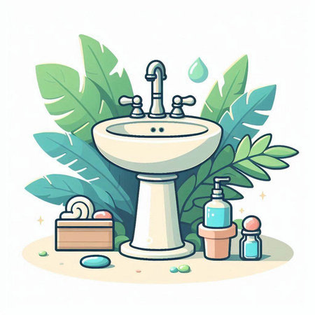 Bathroom interior with sink, towels, soap and plants. Vector illustrationのイラスト素材