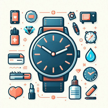Wristwatch with different icons. Vector illustration in flat style.のイラスト素材