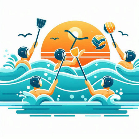illustration of a group of people kayaking in the sea.のイラスト素材