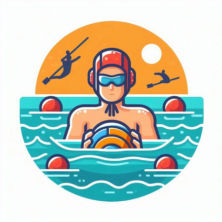 Swimming man with helmet and goggles in the sea. Vector illustrationのイラスト素材
