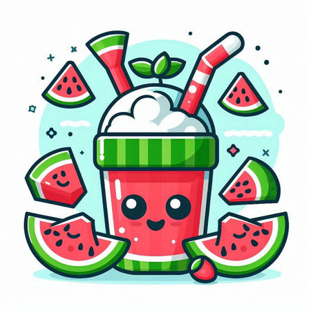 Cute cartoon watermelon smoothie with ice cream and watermelon slices. Vector illustration.のイラスト素材