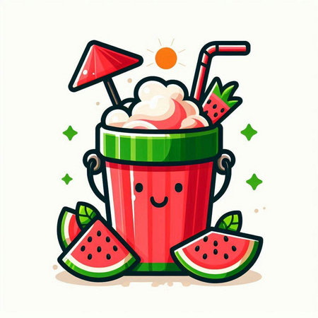 Cute watermelon smoothie cartoon character vector illustration. Watermelon smoothie mascot.のイラスト素材