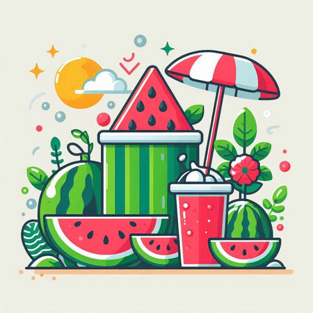 Vector illustration of watermelon in flat style. Juicy watermelons with a glass of juice and an umbrella.のイラスト素材