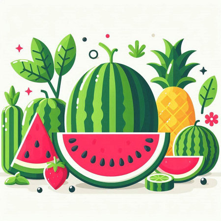 Watermelon, pineapple, watermelon and strawberries. Vector illustration.のイラスト素材