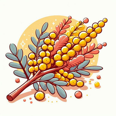 Mimosa branch with yellow flowers and leaves. Vector illustration.のイラスト素材