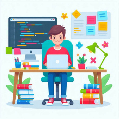 Boy sitting at desk and working on laptop. Online education concept. Vector illustration in cartoon styleのイラスト素材