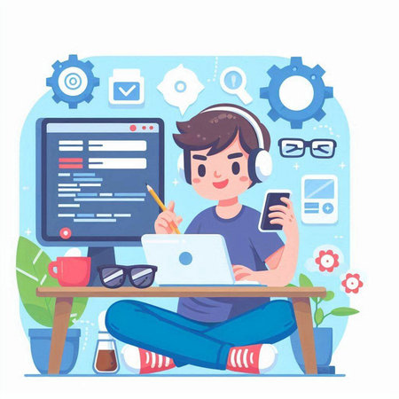 Freelancer working at home. Freelance concept. Vector illustration in flat styleのイラスト素材