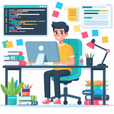 Freelance man working on computer in office. Vector illustration in flat styleのイラスト素材