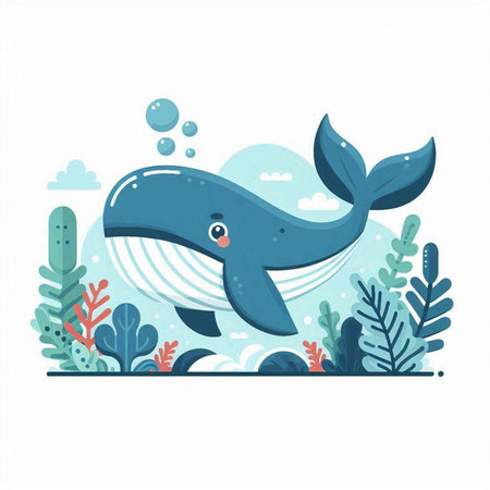 Cute cartoon whale in the sea. Underwater vector illustration.のイラスト素材