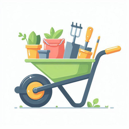 Gardening tools in wheelbarrow. Flat vector illustration.のイラスト素材