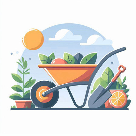 Garden wheelbarrow with fruits and vegetables. Flat vector illustration.のイラスト素材