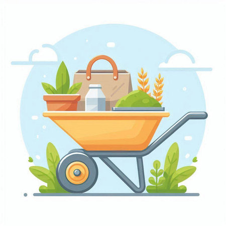 Garden wheelbarrow with products. Vector illustration in flat styleのイラスト素材