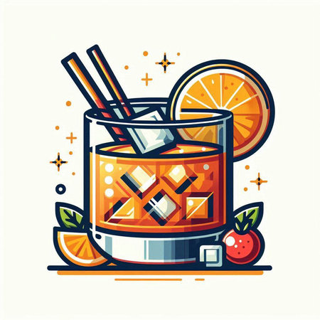 Cocktail vector illustration. Glass with orange juice, ice cubes, fresh fruits and straws.のイラスト素材