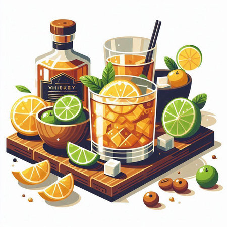 Cocktail with lime and ice on wooden board. Vector illustrationのイラスト素材