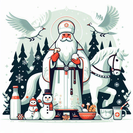 Santa Claus with snowman, reindeer and Christmas tree. Vector illustration.のイラスト素材