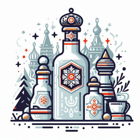 Vector illustration of bottle of vodka and christmas tree. Line art style.のイラスト素材