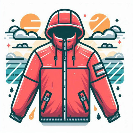 Red winter jacket with hood. Vector illustration in trendy flat style.のイラスト素材