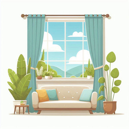 Living room interior with window, sofa and plants. Vector illustration.のイラスト素材