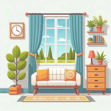 Living room interior with sofa, window and plants. Flat style vector illustration.のイラスト素材