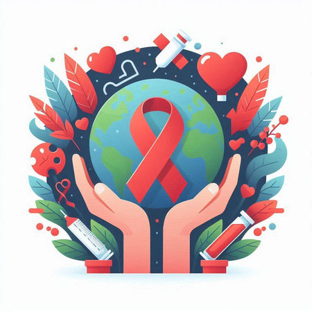 Vector illustration of World Aids Day. Red ribbon in hands.のイラスト素材