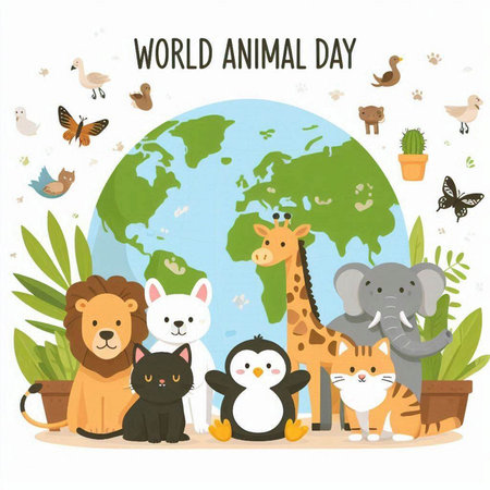 World Animal Day. Cute cartoon animals in the world. Vector illustrationのイラスト素材
