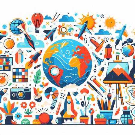 Flat line art design concept with rocket, globe, sun, pencils, globe and other elements. Vector illustrationのイラスト素材