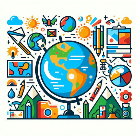 Vector line art illustration with globe, map, pencil, camera and other elements.のイラスト素材