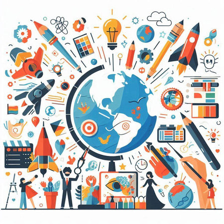 Back to school concept with globe, rocket, pencils, books and other supplies. Vector illustrationのイラスト素材