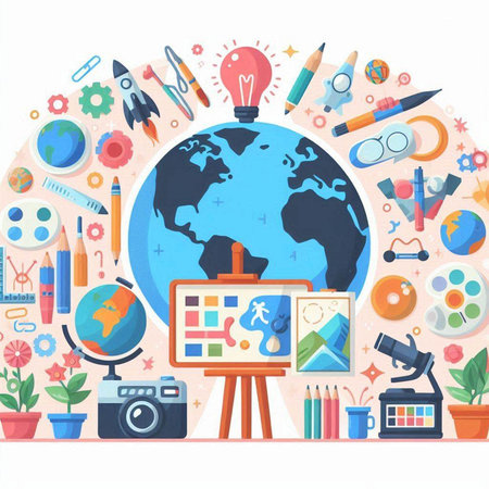 Back to school background with globe and school supplies. Vector illustration.のイラスト素材