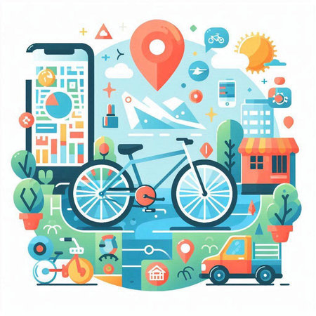 Bicycle rental flat design concept vector illustration. Bicycles, mobile phone, city map, location pin, car, bike, house, car.のイラスト素材