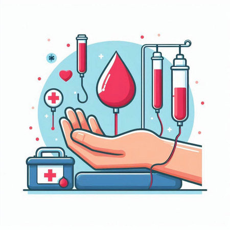 Blood donation concept. Hand holding blood drop. Vector illustration in flat cartoon style.のイラスト素材