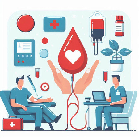 Blood donation flat vector illustration. Blood donation concept. Hands with a drop of blood and a doctor.のイラスト素材