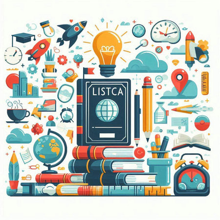 Education and learning background with books and icons. Flat design vector illustration.のイラスト素材