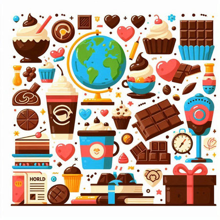 Coffee and sweets flat icons set. Chocolate, coffee cup, chocolate bar, cookie, ice cream, candy. Vector illustrationのイラスト素材