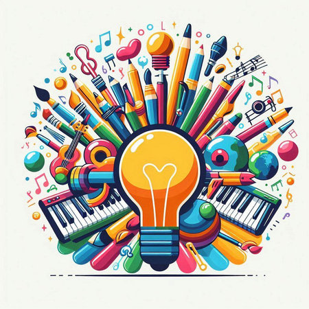 Colorful vector illustration of a lightbulb surrounded by school supplies and instruments.のイラスト素材