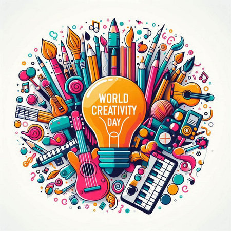 Colorful vector hand drawn Doodle cartoon set of Creativity theme objects, symbols and itemsのイラスト素材