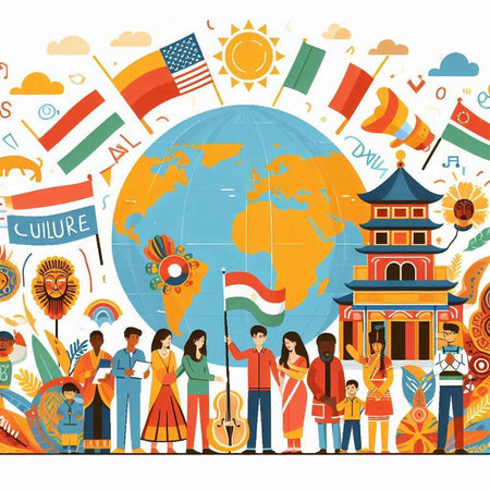 People of different nationalities standing around the globe. Vector illustration.のイラスト素材