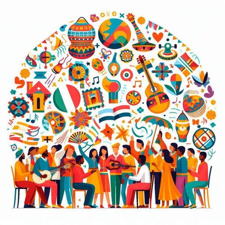 Crowd of people with musical instruments. Vector illustration in flat styleのイラスト素材