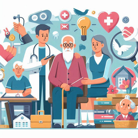 Vector illustration of old people and doctor in hospital. Health care, medicine, healthcare and people concept.のイラスト素材