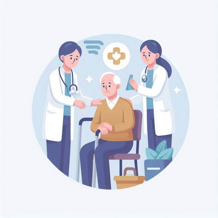 Vector illustration of a doctor taking care of an elderly patient in a wheelchair.のイラスト素材