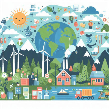 Ecology concept. Ecological poster with world globe, windmills, solar panels, solar panels, wind turbines, solar panels and other elements. Vector illustration.のイラスト素材
